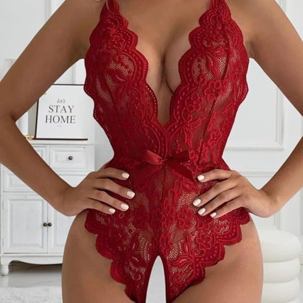 3/$30 Bundle • Wine Lace Scalloped Trim Criss Cross Back Lingerie Teddy Small